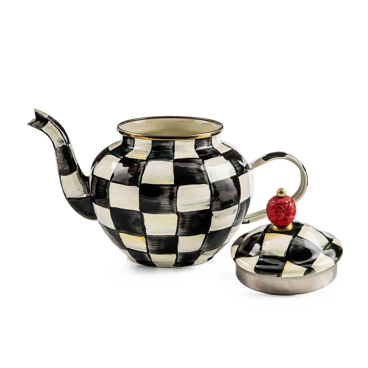 Hand-glazed steel teapot with Courtly Check floral pattern, bronzed stainless rim, and brass accents.