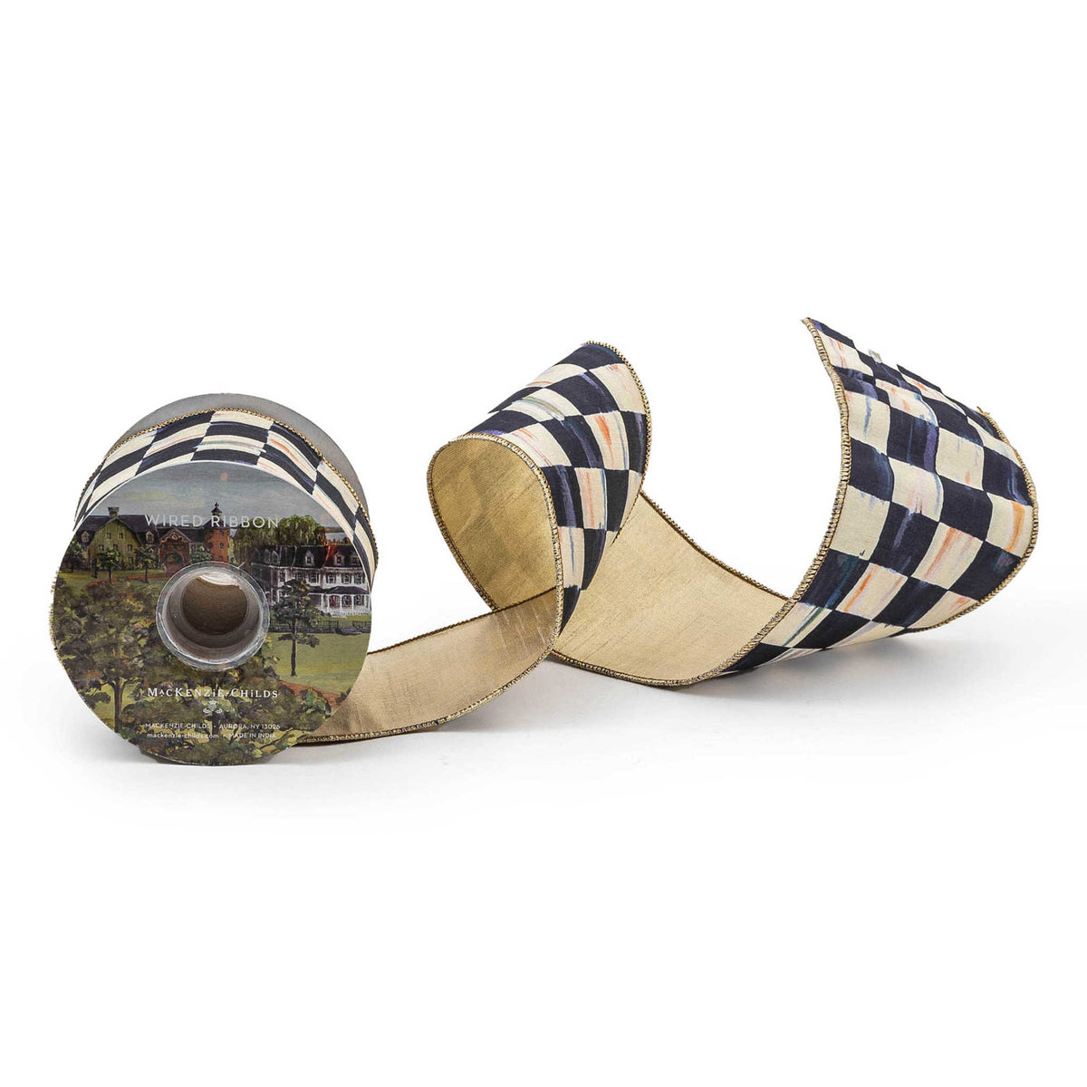 4-inch wide Courtly Check ribbon with a blue and white checkered pattern on poly fabric.