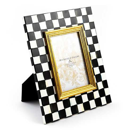 Courtly Check enamel frame with hand-painted checkered steel pattern holding a photo.