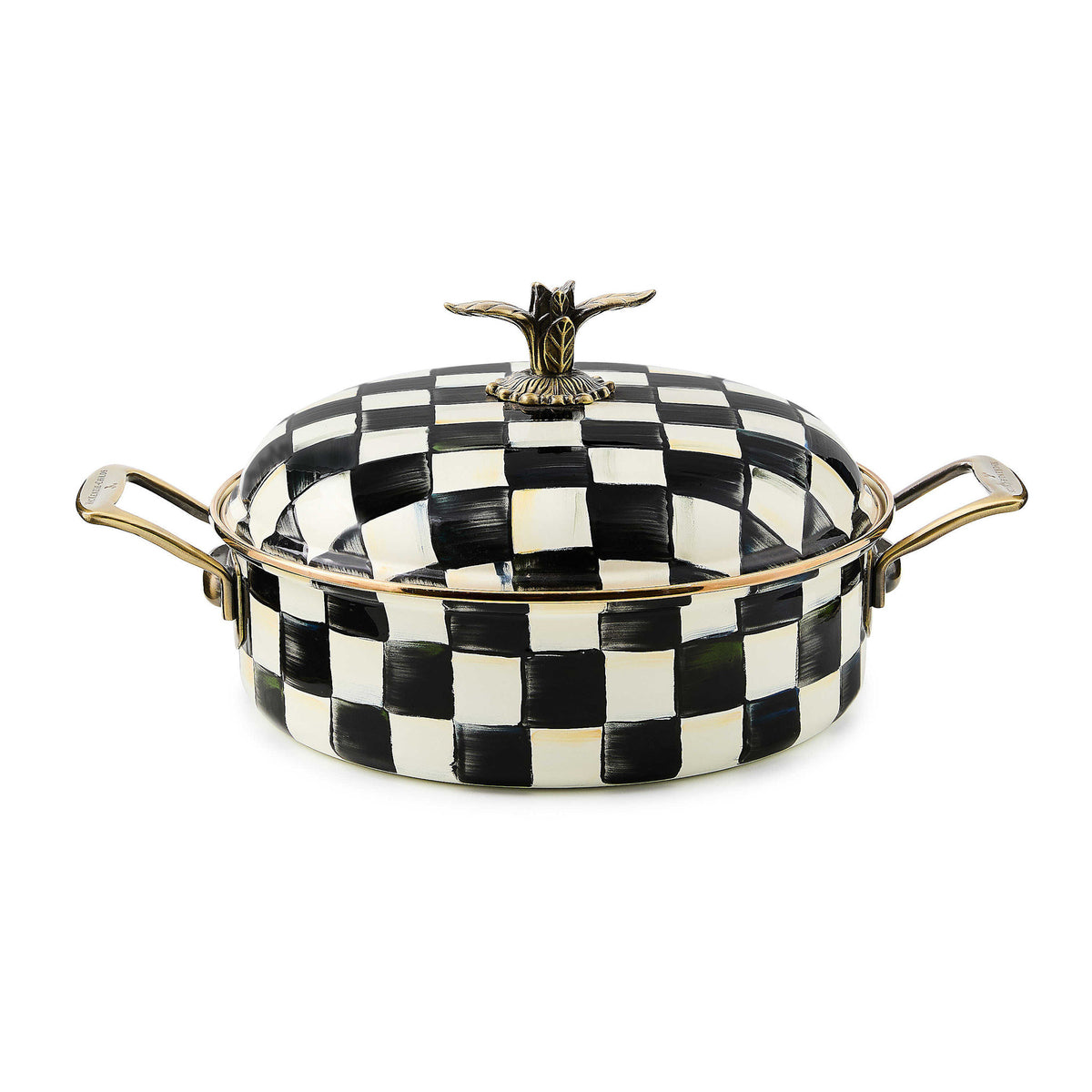 Hand-glazed Courtly Check enamel casserole with a blossoming bud knob