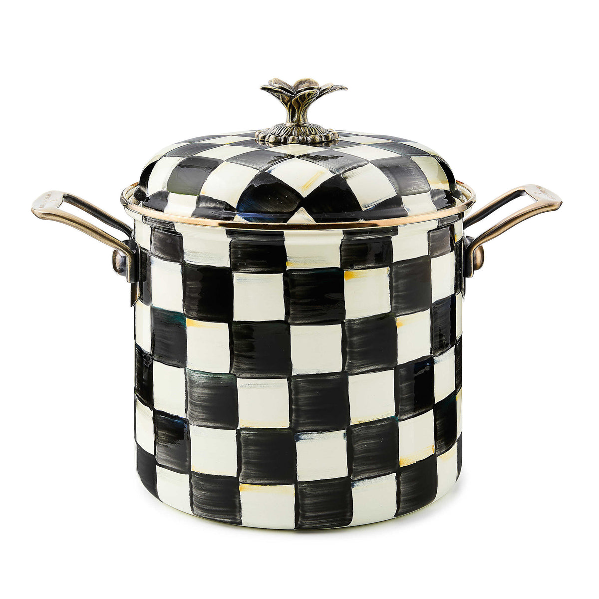 Courtly Check enamel stockpot with hand-painted floral bud knob