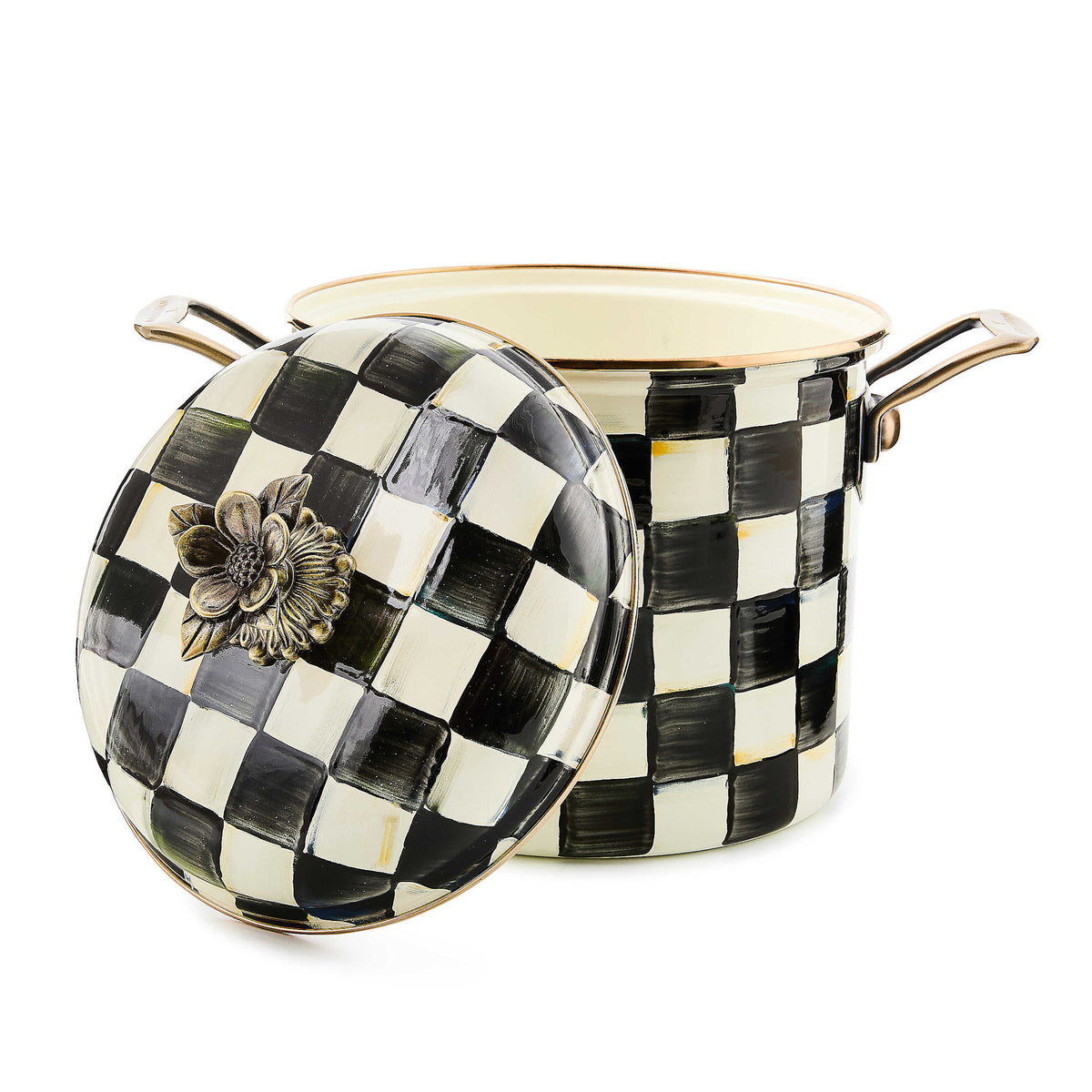Courtly Check enamel stockpot with hand-painted floral bud knob