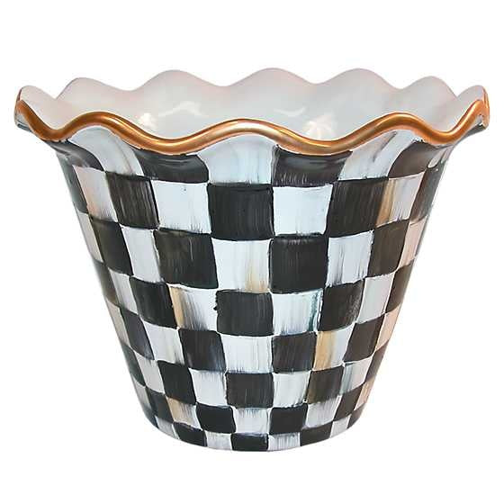 8-inch handmade ceramic garden pot with Courtly Check pattern, gold lustre rim, and fluted edges.