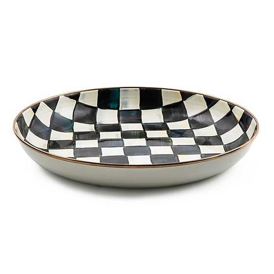 Abundant bowl with Courtly Check enamel pattern on heavy-gauge steel rimmed in bronzed stainless.