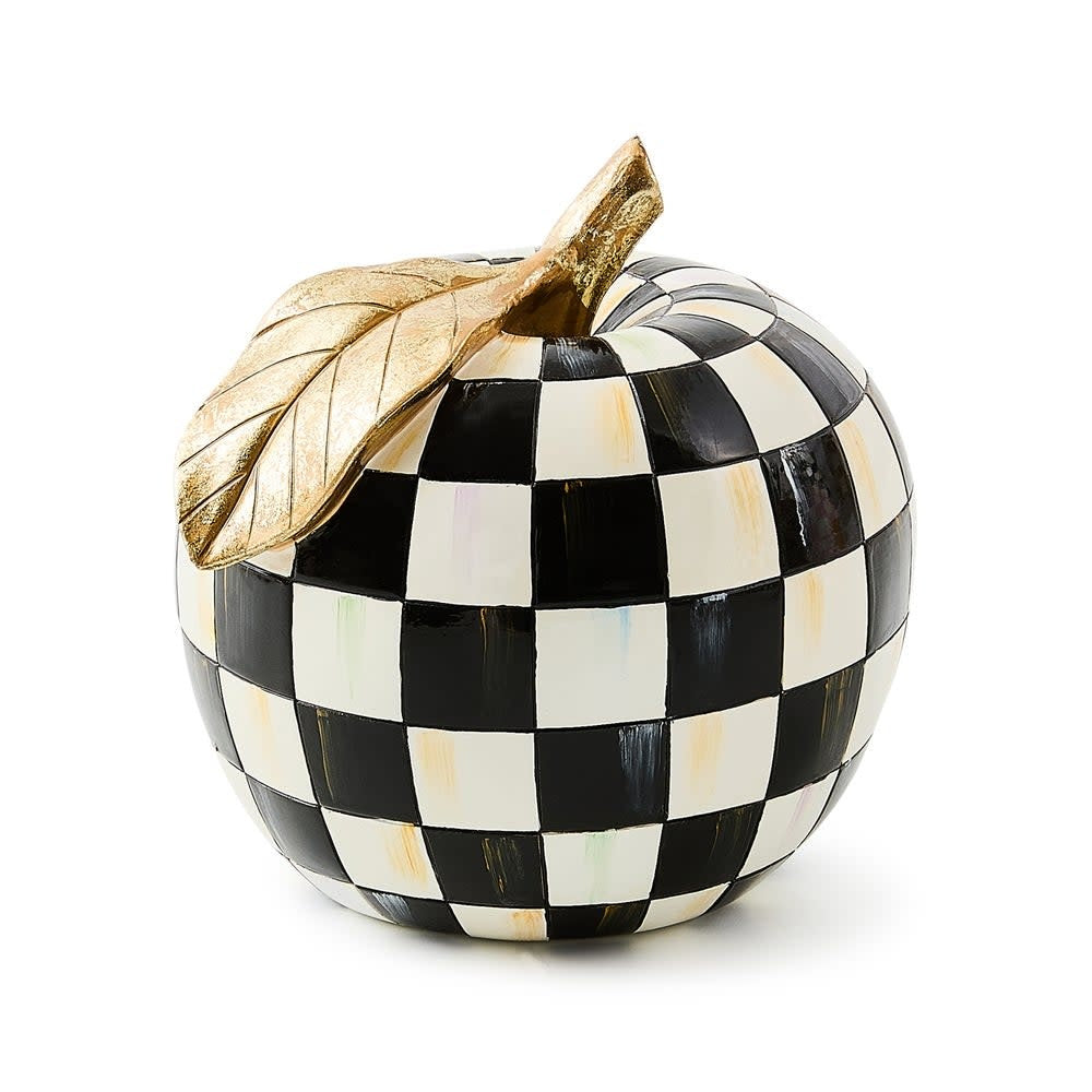 Hand-painted resin apple decor with gold leaf accents in a courtly check pattern.