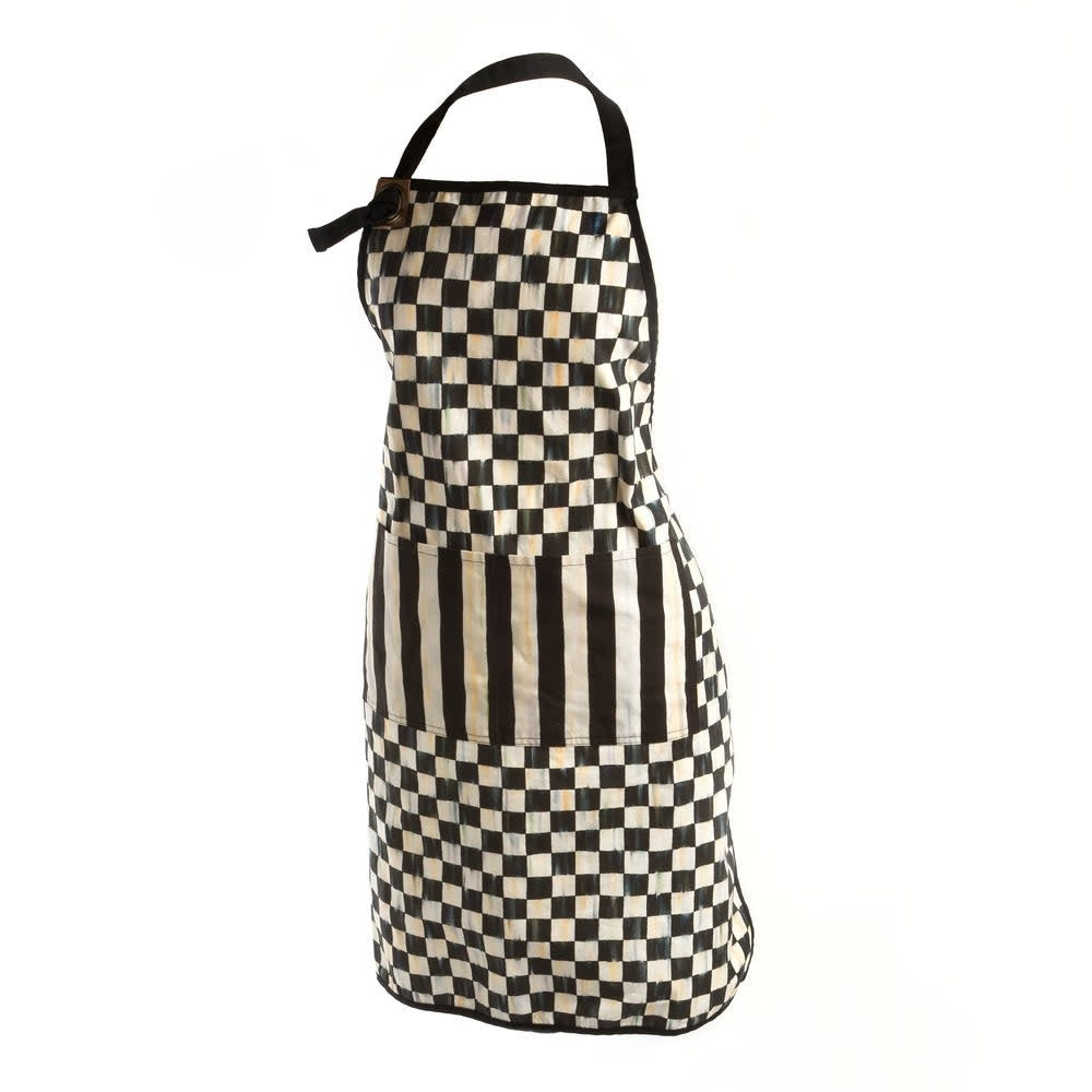 Courtly Check bistro apron in blue cotton with leather trim and brass grommet.