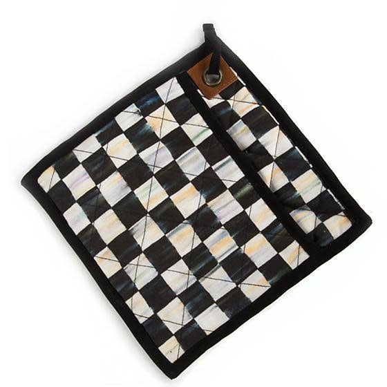 Courtly Check bistro potholder in red gingham cotton with a brown leather tab and brass grommet.