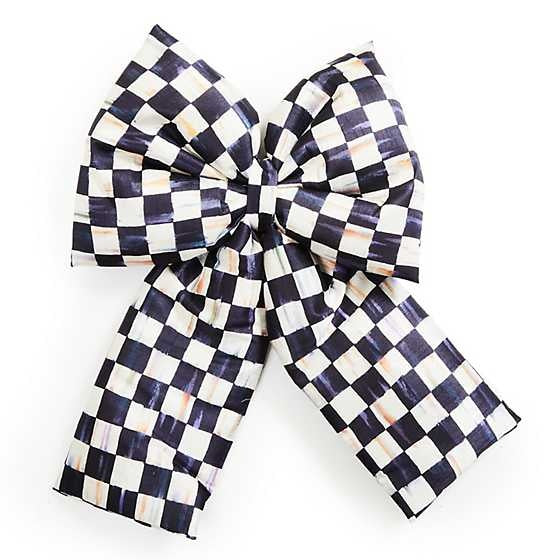 Large Courtly Check fabric bow in navy blue with white check pattern, padded silhouette measuring 17 inches long.