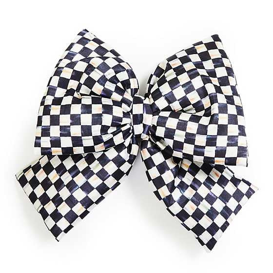 Medium Courtly Check bow in navy blue fabric with white check pattern, padded silhouette measuring 10 inches wide.