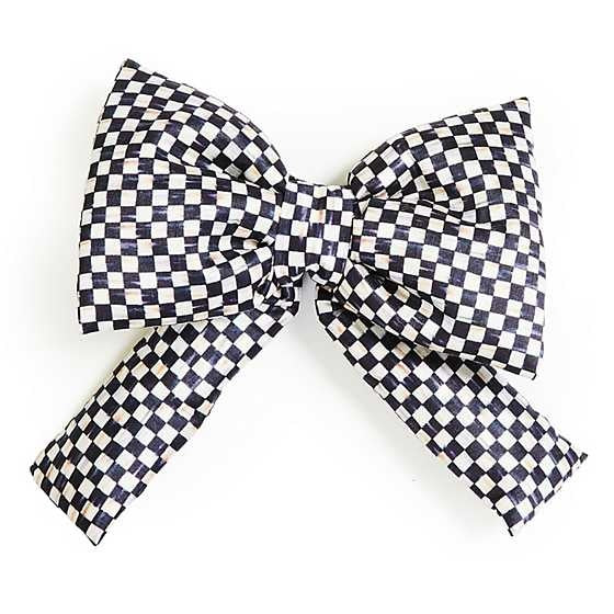 Small Courtly Check bow in navy blue fabric with white check pattern, padded silhouette measuring 8 inches wide.