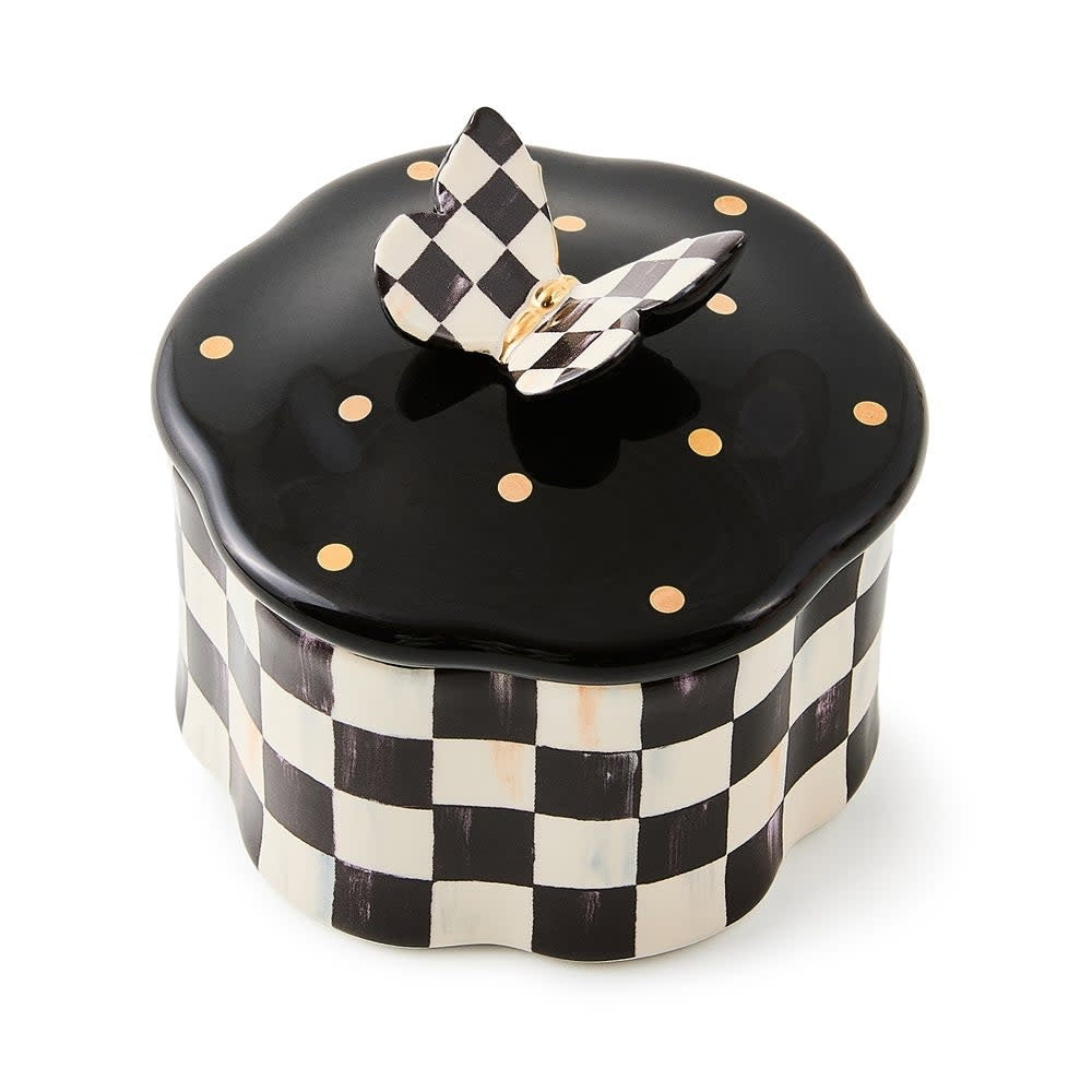 Hand-painted ceramic trinket box with gold lustre accents featuring a Courtly Check butterfly pattern and shaped handle.