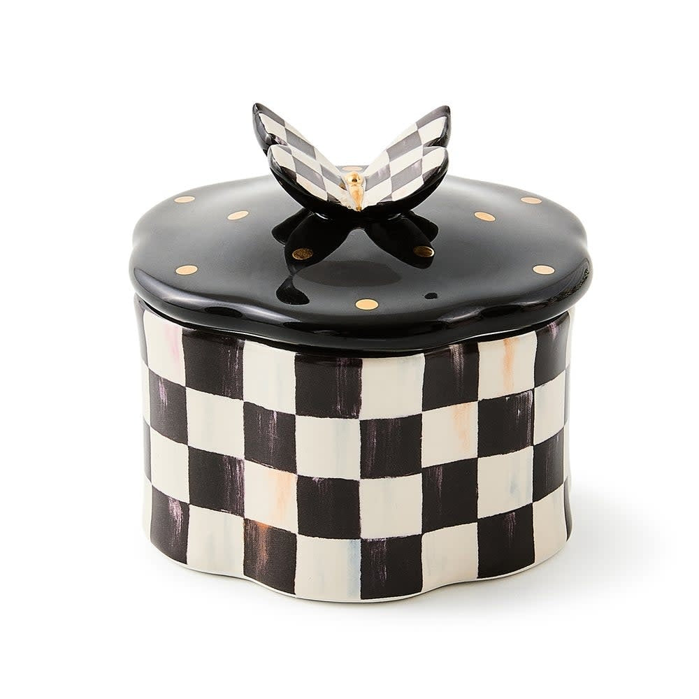 Hand-painted Courtly Check butterfly trinket box with gold lustre accents and ceramic material.