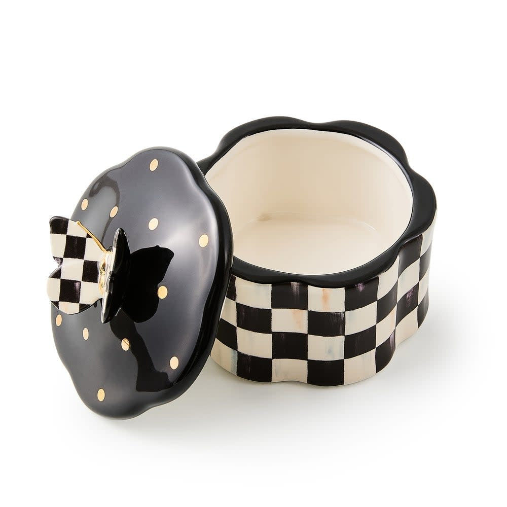 Hand-painted ceramic trinket box with gold lustre accents featuring a Courtly Check pattern and butterfly-shaped handle.