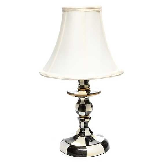 Courtly Check candlestick lamp with hand-glazed steel base in checkered pattern and softback shade.