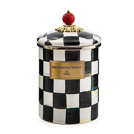 Medium Courtly Check canister with hand-painted blue floral pattern on steel body and bronzed rim.