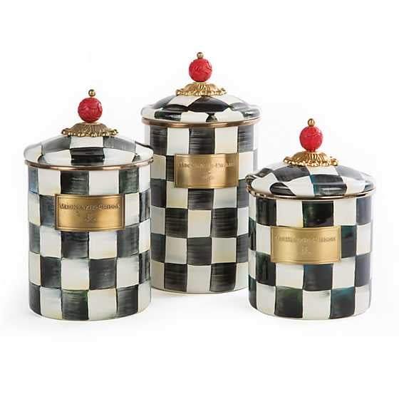 Medium Courtly Check canister with hand-painted blue floral pattern on heavy-gauge steel and bronzed stainless rim.