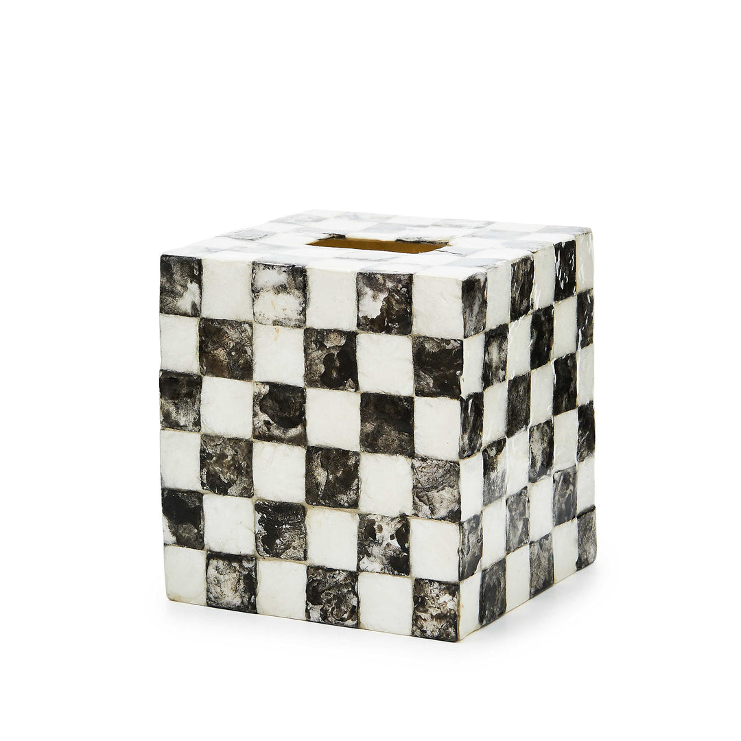 Capiz tissue box cover with a courtly check inlay pattern.