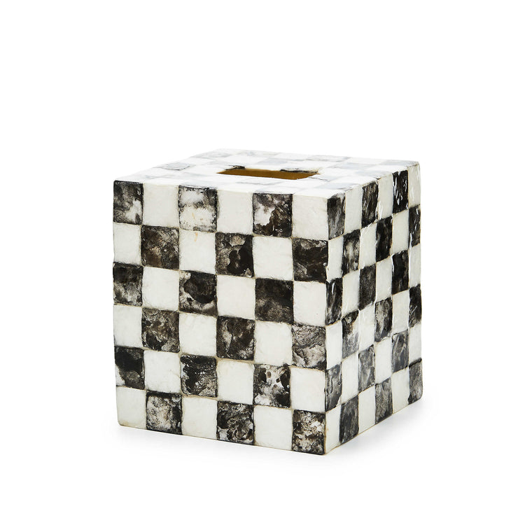 Capiz tissue box cover with a courtly check inlay pattern.