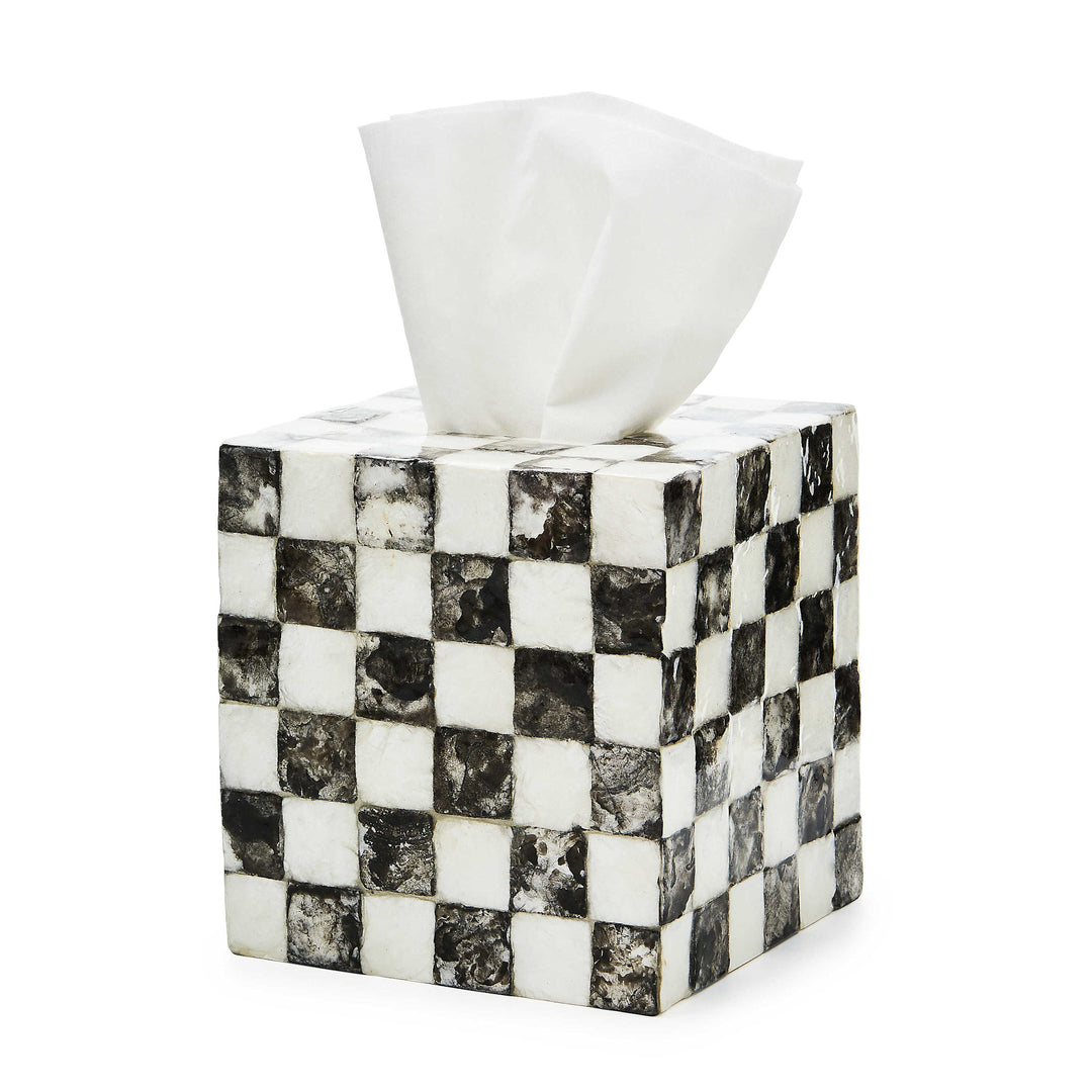 Courtly Check Capiz tissue box cover featuring an inlaid signature check pattern on a natural shell material.