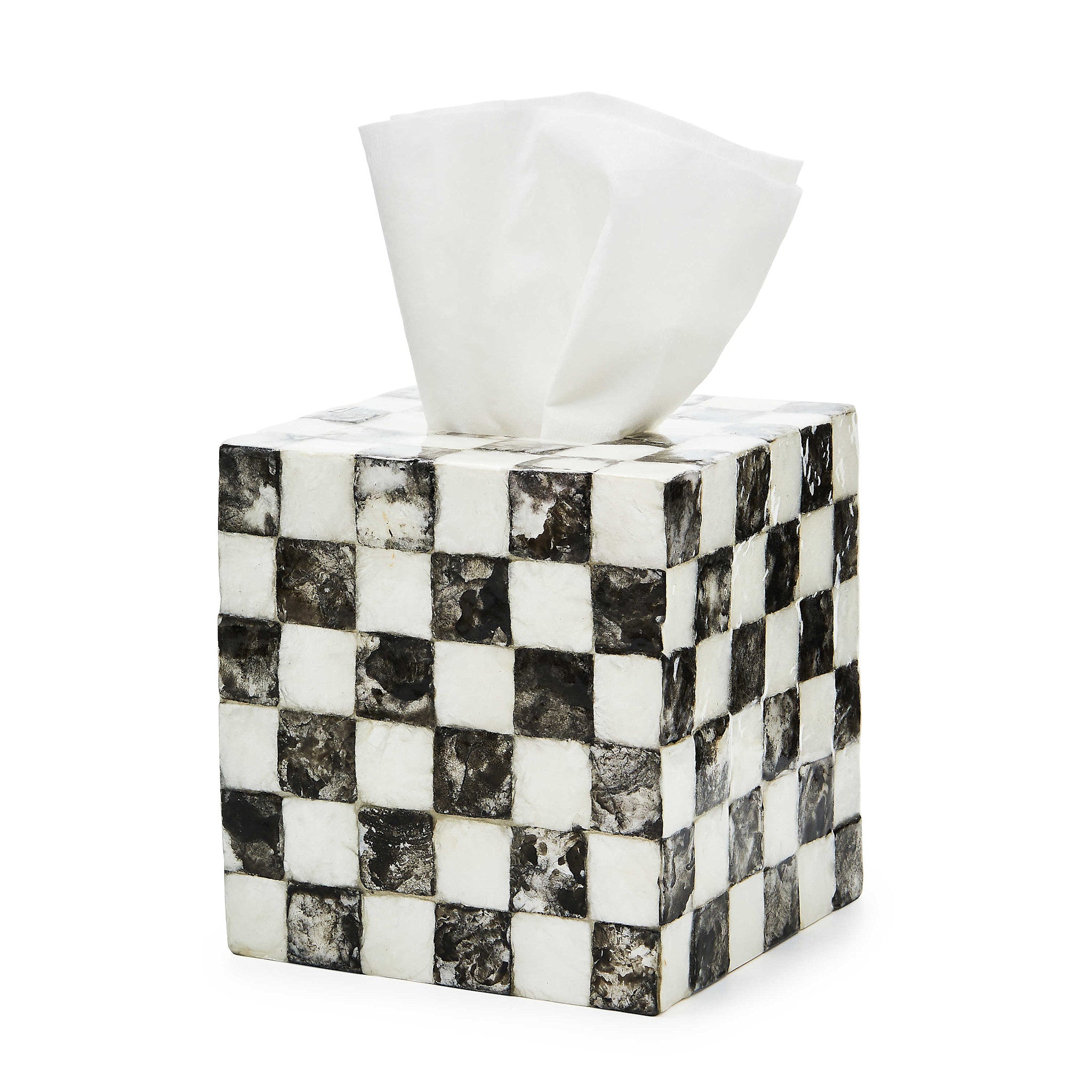 Courtly Check Capiz tissue box cover featuring an inlaid signature check pattern on a natural shell material.