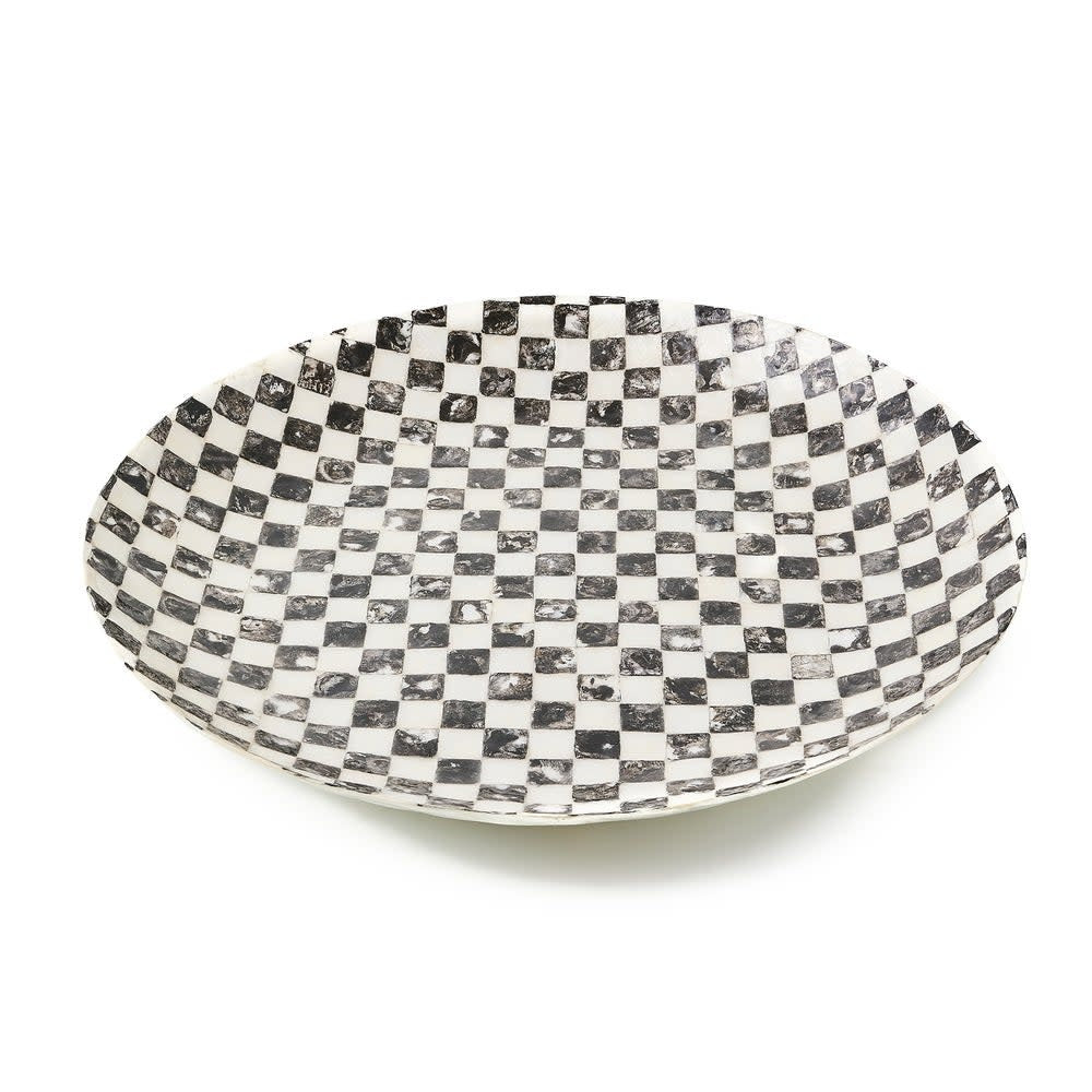 Courtly Check capiz shell decorative bowl with a checkered pattern in neutral tones.