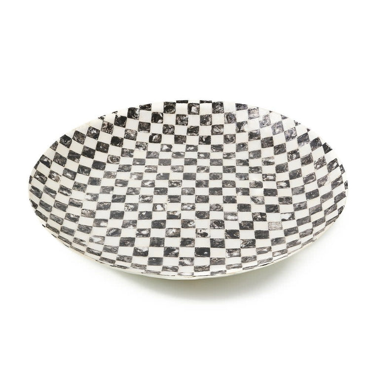 Courtly Check capiz shell decorative bowl with a checkered pattern in neutral tones.