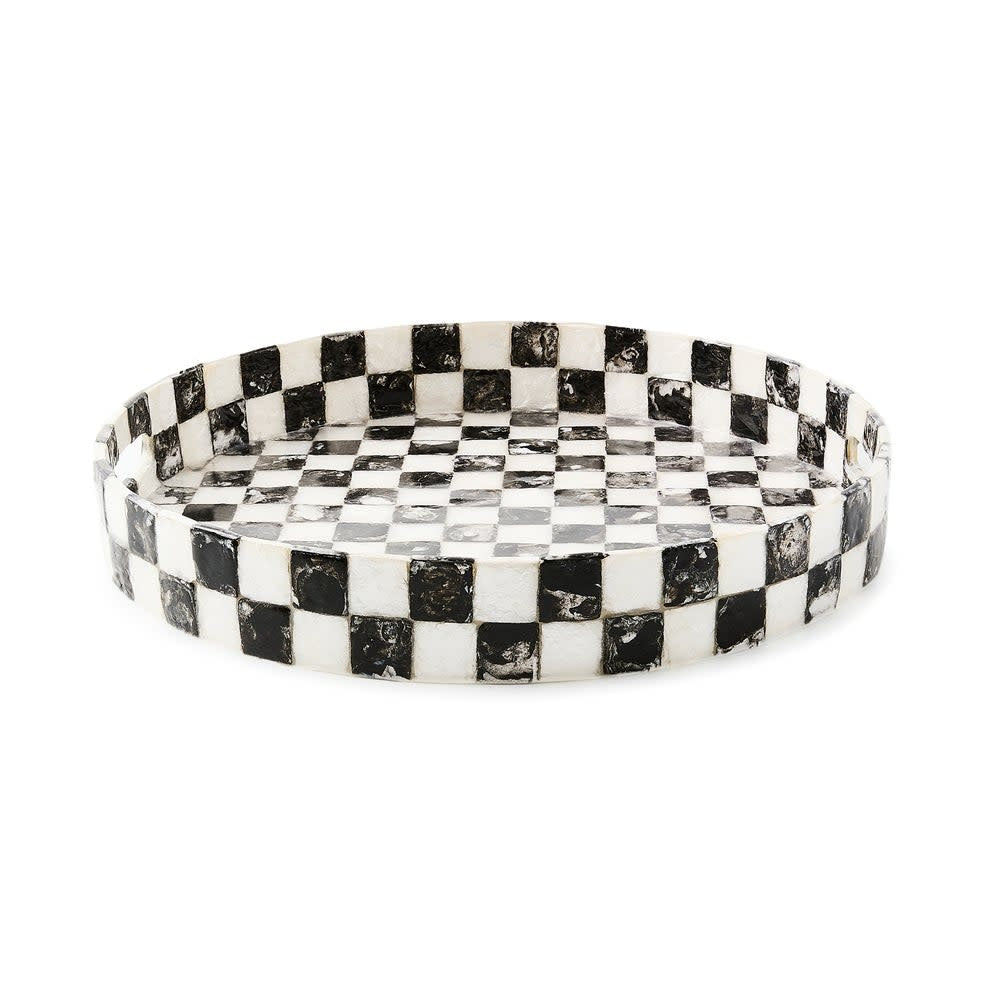 Round Courtly Check capiz shell tray with a checkered pattern in natural tones.