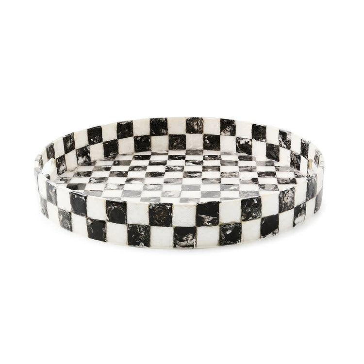 Round Courtly Check capiz shell tray with a checkered pattern in natural tones.