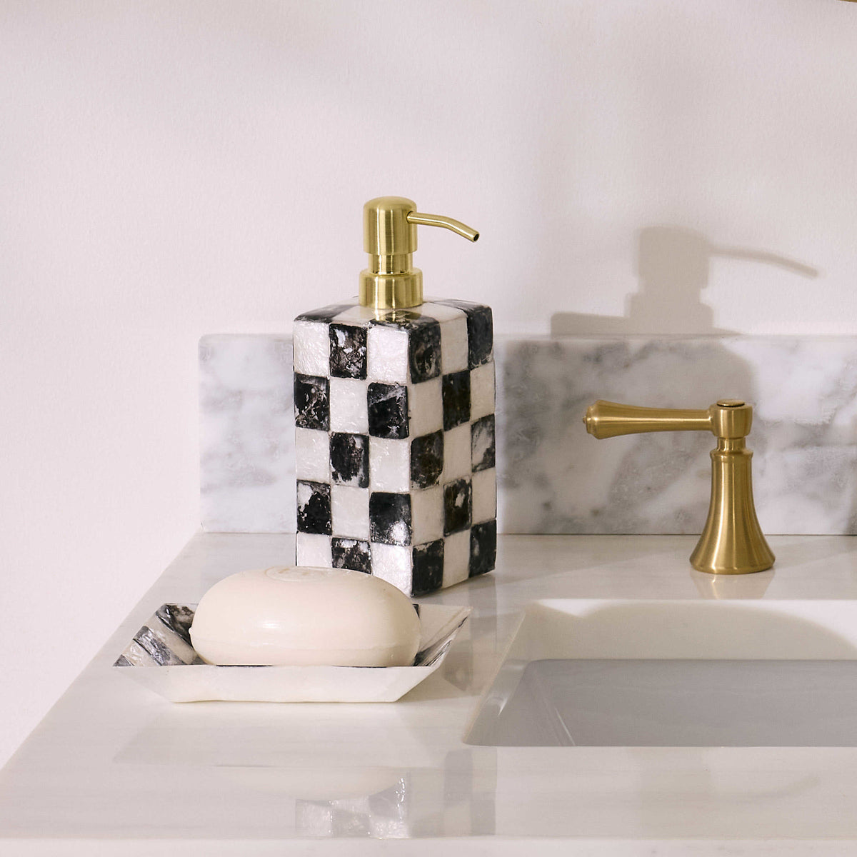 Courtly Check Capiz soap pump with inlaid signature check pattern on a tall cylindrical silhouette.