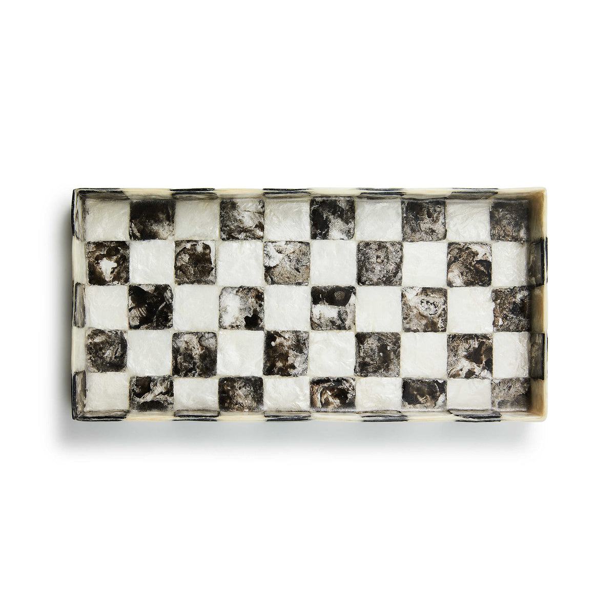 Courtly Check Capiz vanity tray with a natural shell material featuring a checkered pattern and rectangular silhouette.