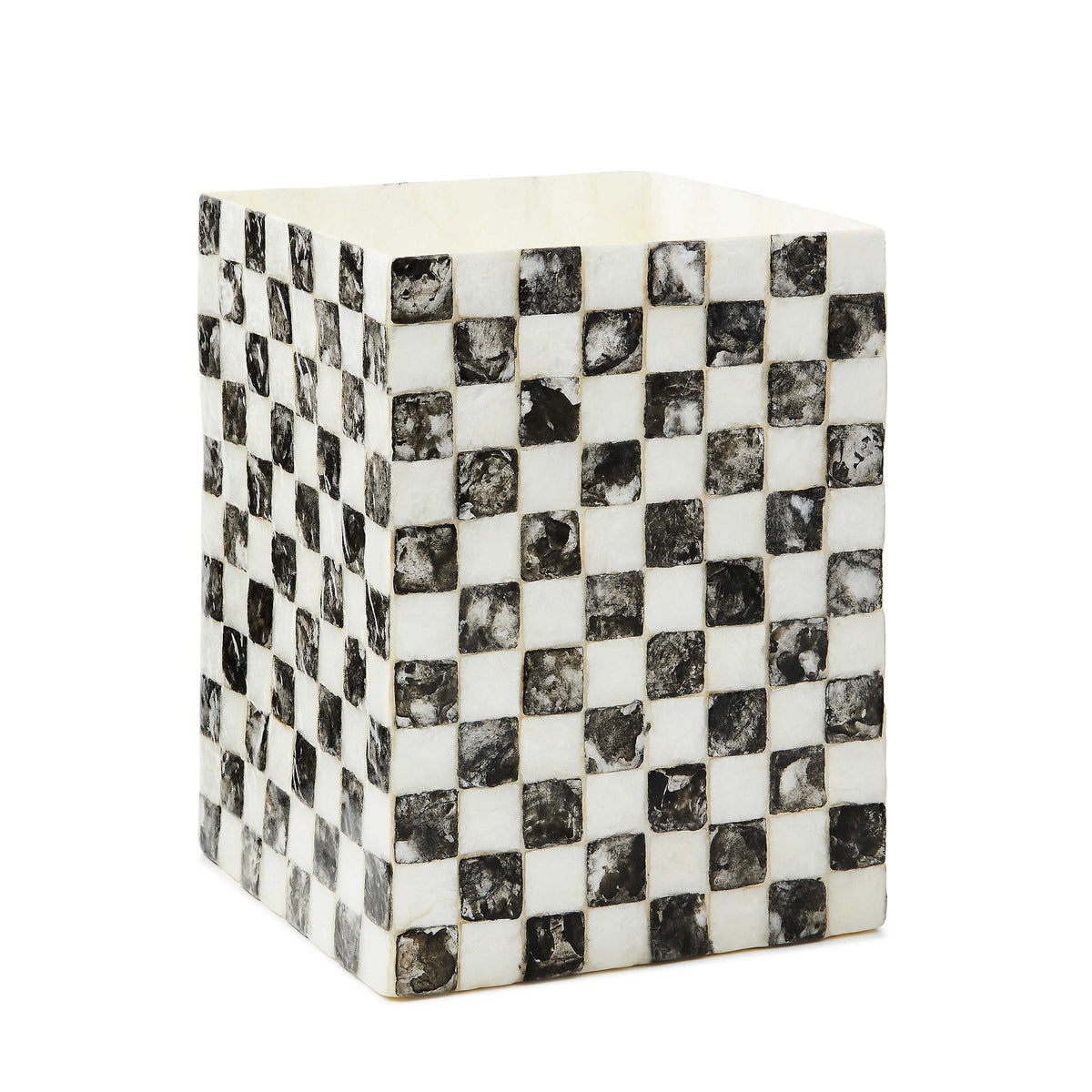 Courtly check capiz waste bin with natural shell material in a rectangular silhouette.