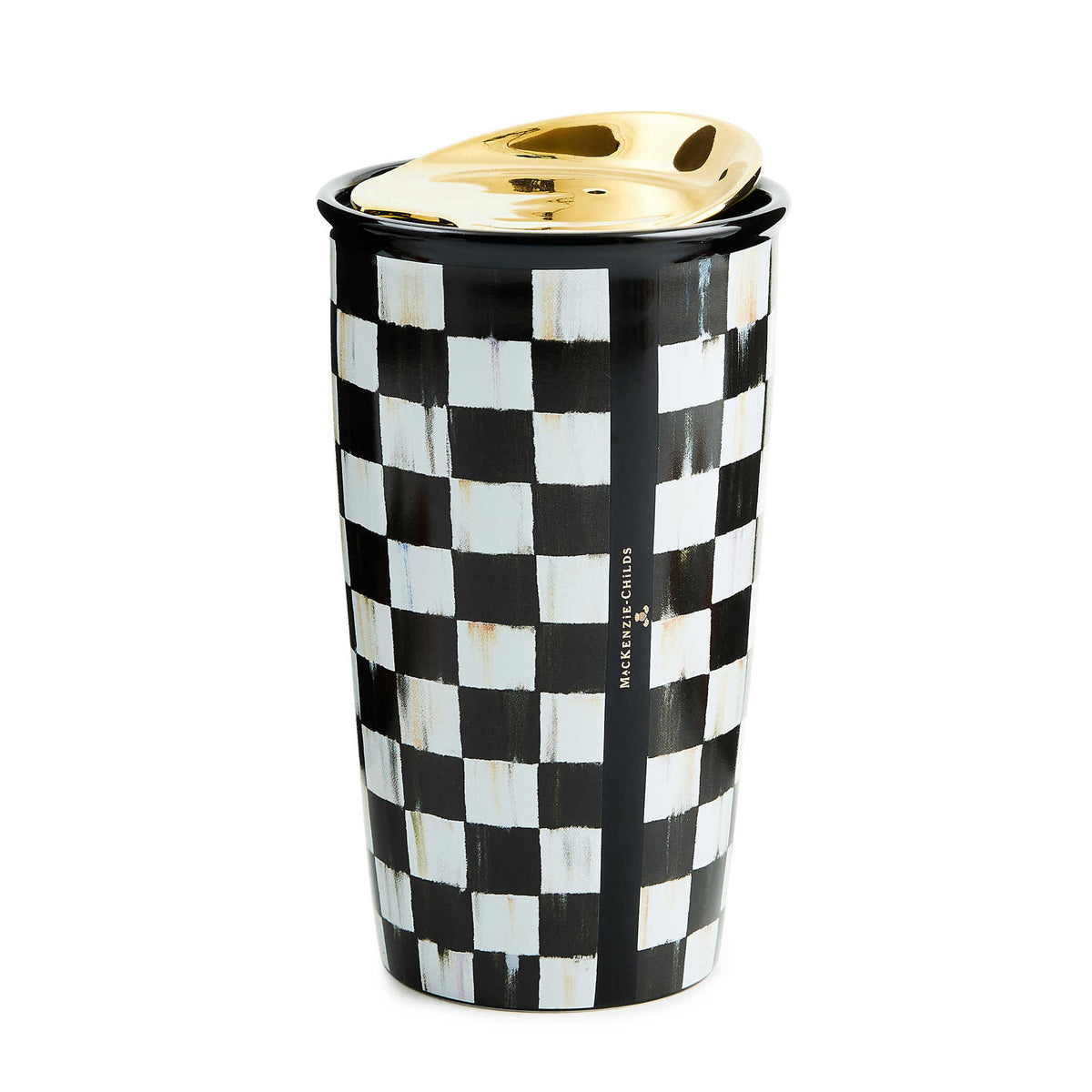 Courtly Check ceramic travel cup with blue checkered transfer decoration on white porcelain.