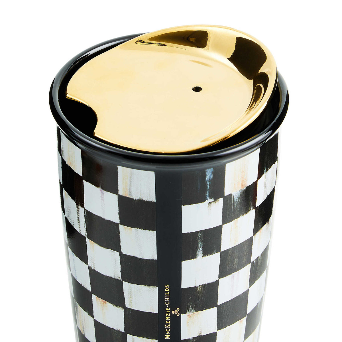 Courtly Check ceramic travel cup with black checkered pattern on white porcelain body.