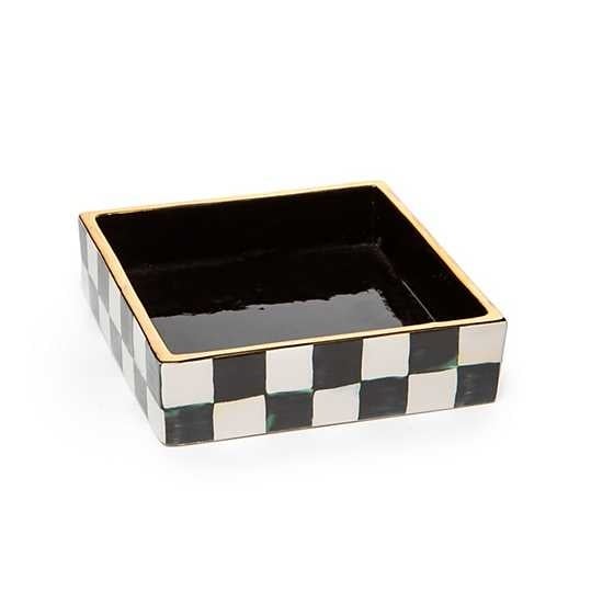 Ceramic cocktail napkin holder in courtly check blue and white pattern with a rectangular silhouette.
