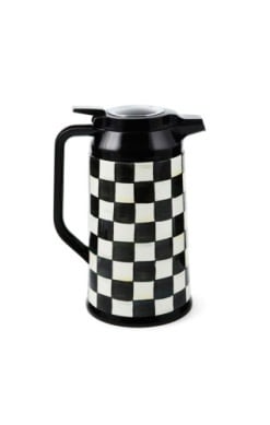 Hand-glazed steel coffee carafe with hand-painted Courtly Check pattern in blue and white.