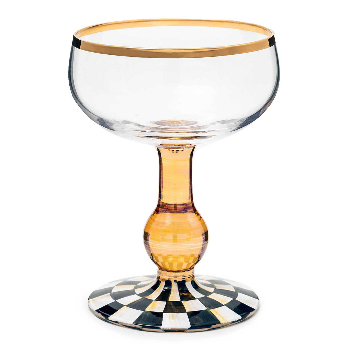 Hand-painted Courtly Check coupe glass with amber lustre stem and gold trim