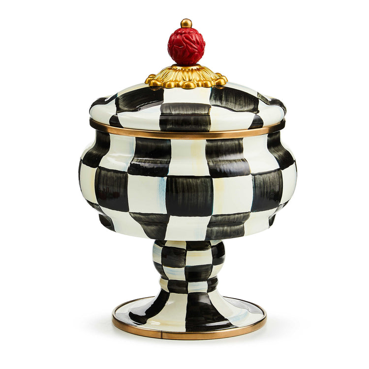 Hand-painted Courtly Check enamel curiosity pot with bronzed stainless steel rim.