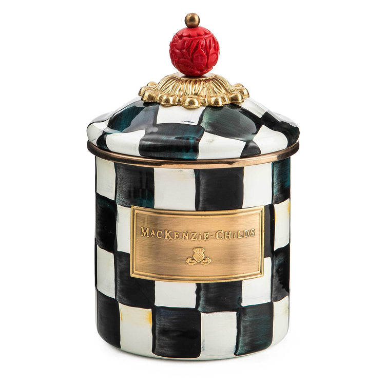 Demi Courtly Check enamel canister with hand-painted pattern, bronzed stainless steel rim, and faux cinnabar accents.