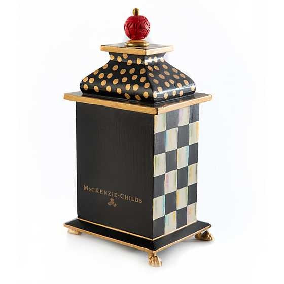 Hand-painted wood desk clock with brass accents featuring black-and-white checks and gold polka dots.