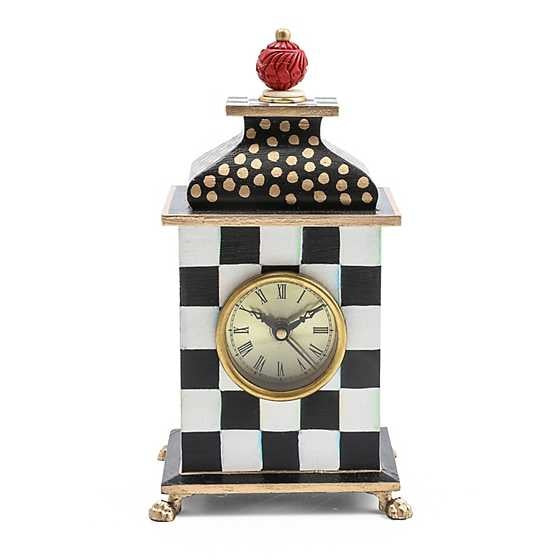 Hand-painted wood desk clock with brass accents featuring black-and-white checks and gold polka dots.