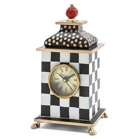 Hand-painted wood desk clock with brass accents featuring black-and-white checks and gold polka dots.