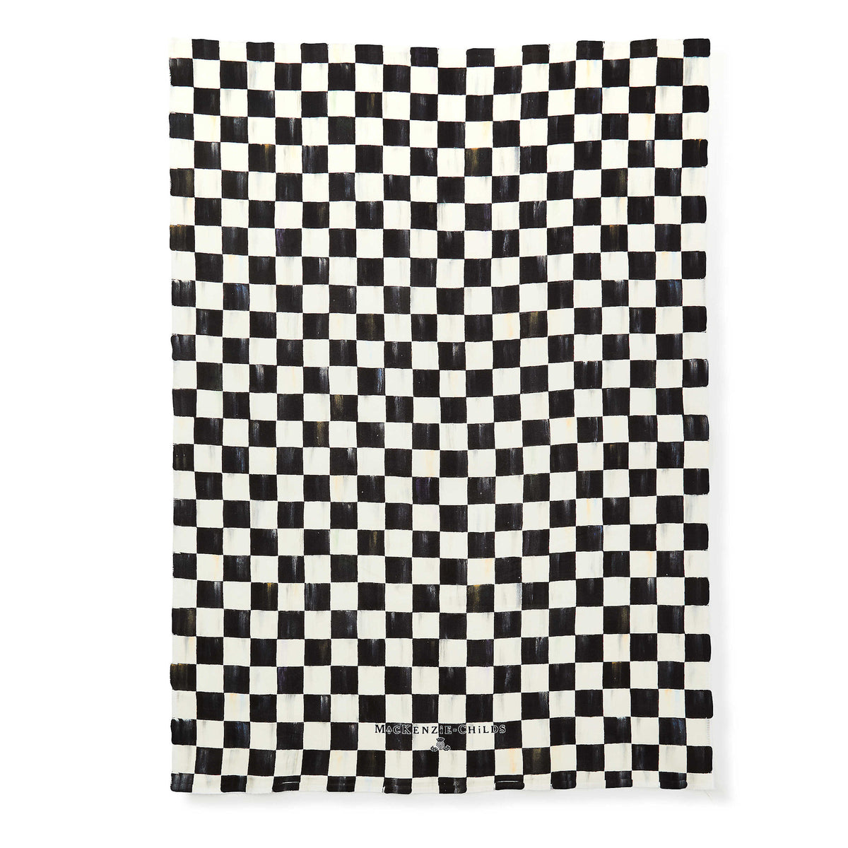 Courtly Check dish towel in white cotton with a black checkered pattern and logo.