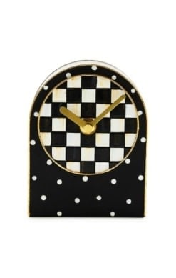 Hand-painted polyresin wall clock featuring a courtly check and dot pattern with classic silhouette.