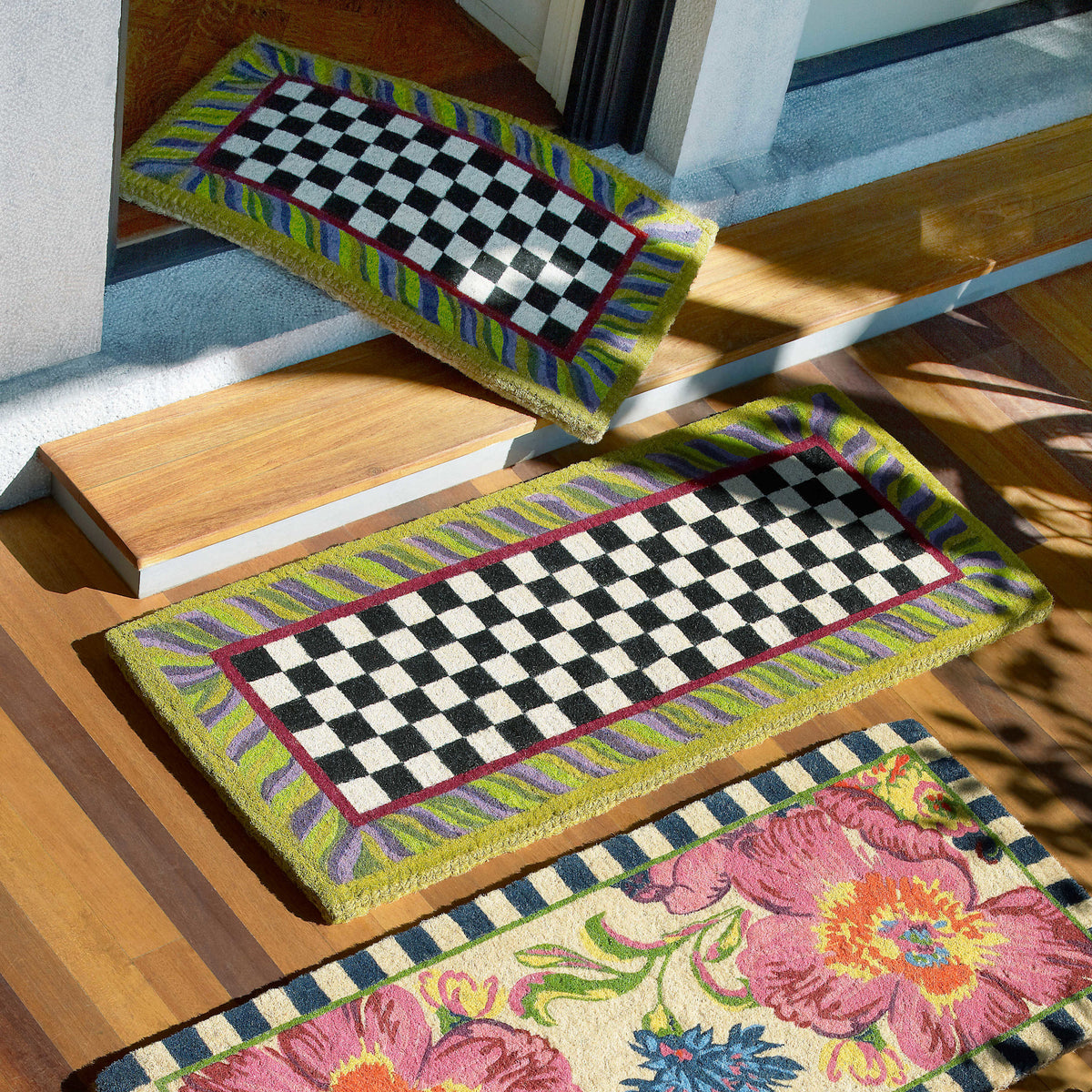 Double door entrance mat with courtly check pattern made from natural coir fibers.