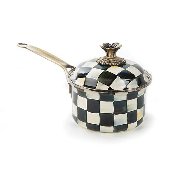 Hand-glazed Courtly Check enamel saucepan with bronze rim and antique brass knob