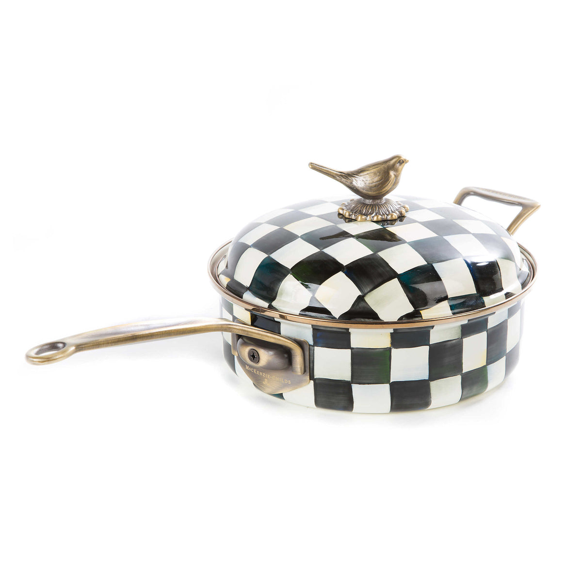 Courtly Check enamel saute pan with bronze rim, antique brass sparrow knob, and hand-painted checkered pattern.