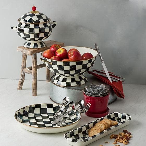 Hand-painted Courtly Check enamel baguette dish with steel base