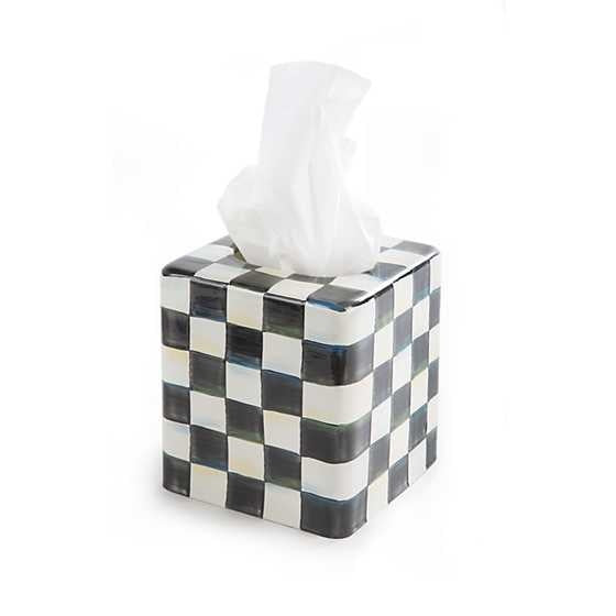 Hand-painted Courtly Check enamel tissue box cover with a square steel silhouette.