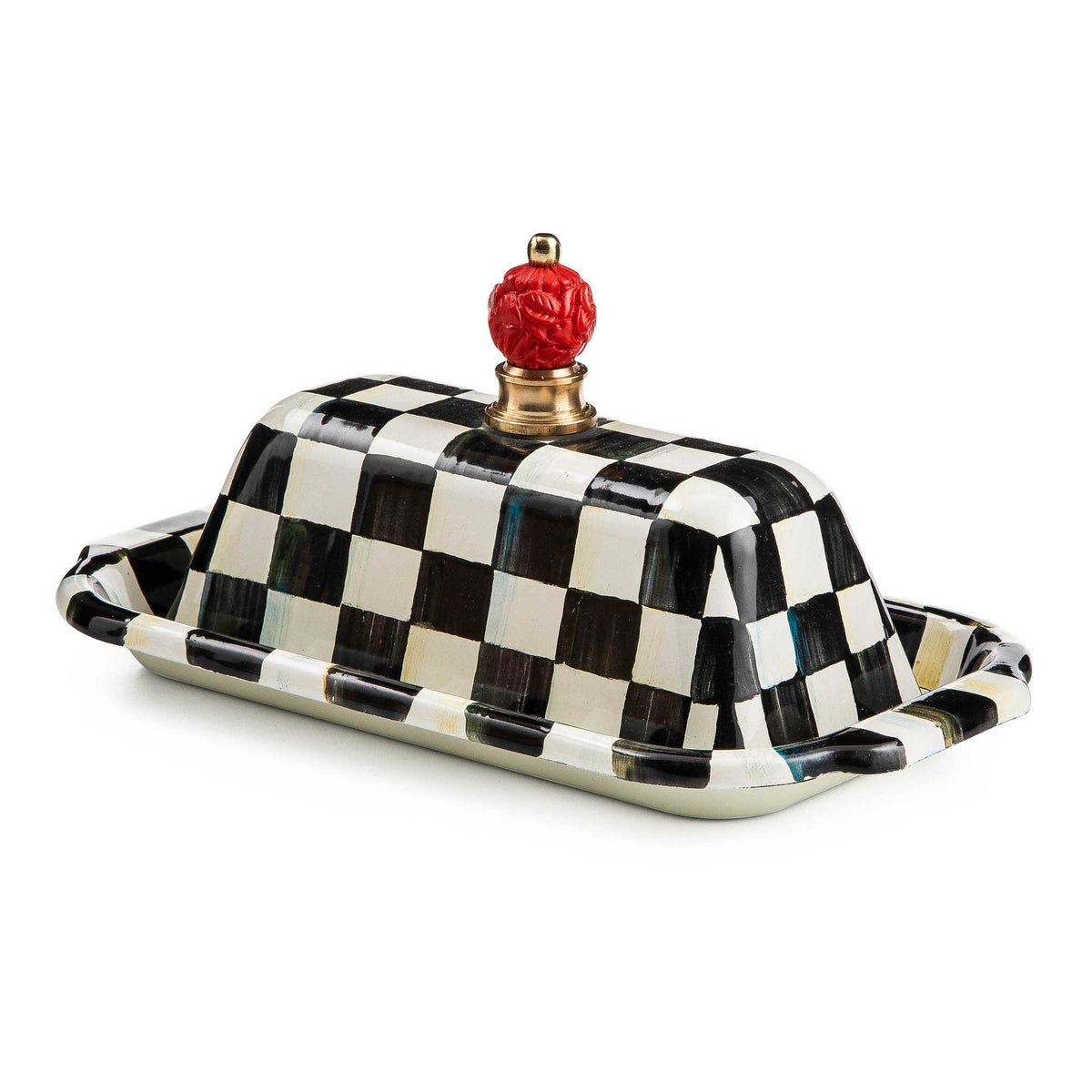 Courtly Check enamel butter box with hand-painted checkered pattern on steel body and brass accents