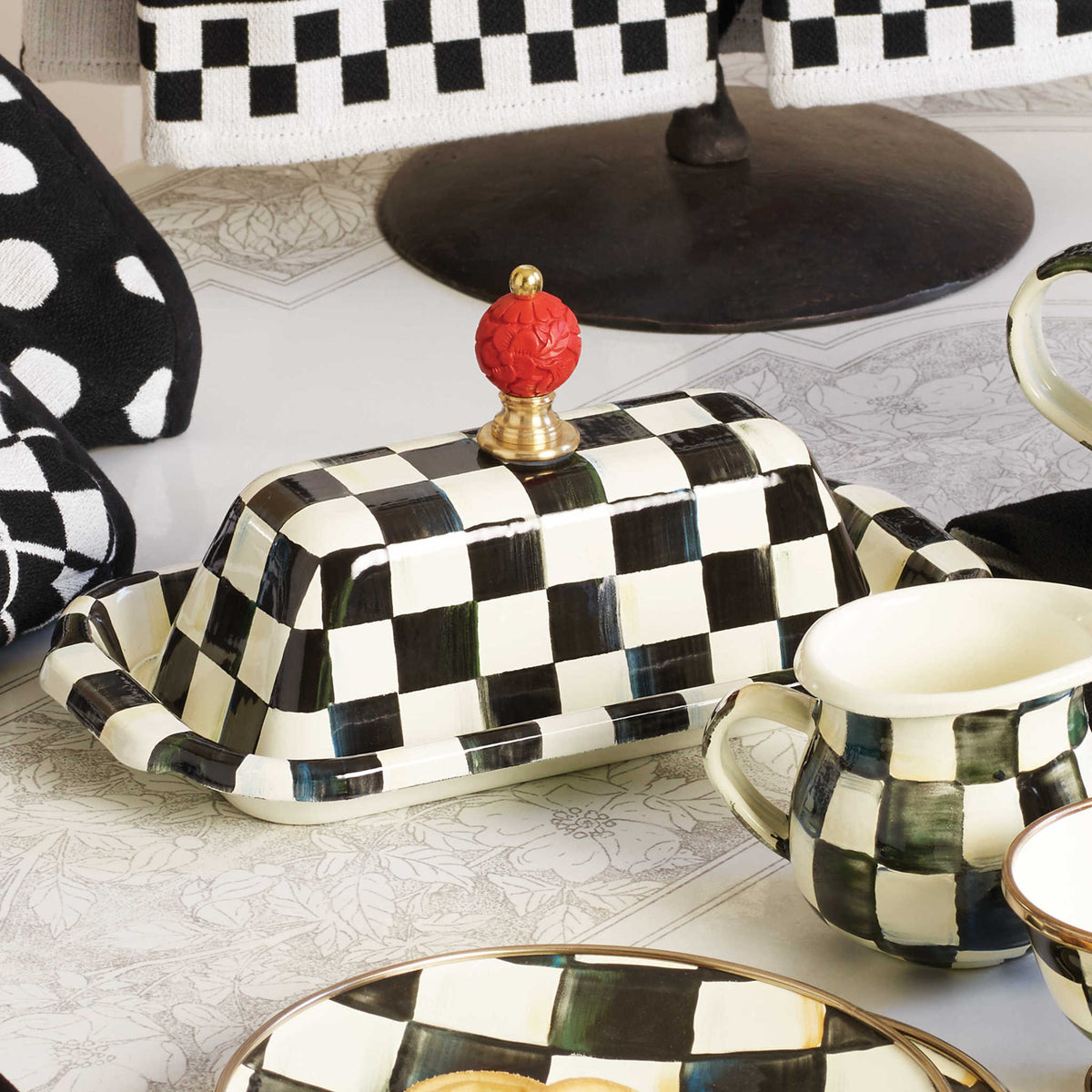 Rectangular Courtly Check enamel butter box with hand-painted pattern, brass accents, and faux cinnabar details.